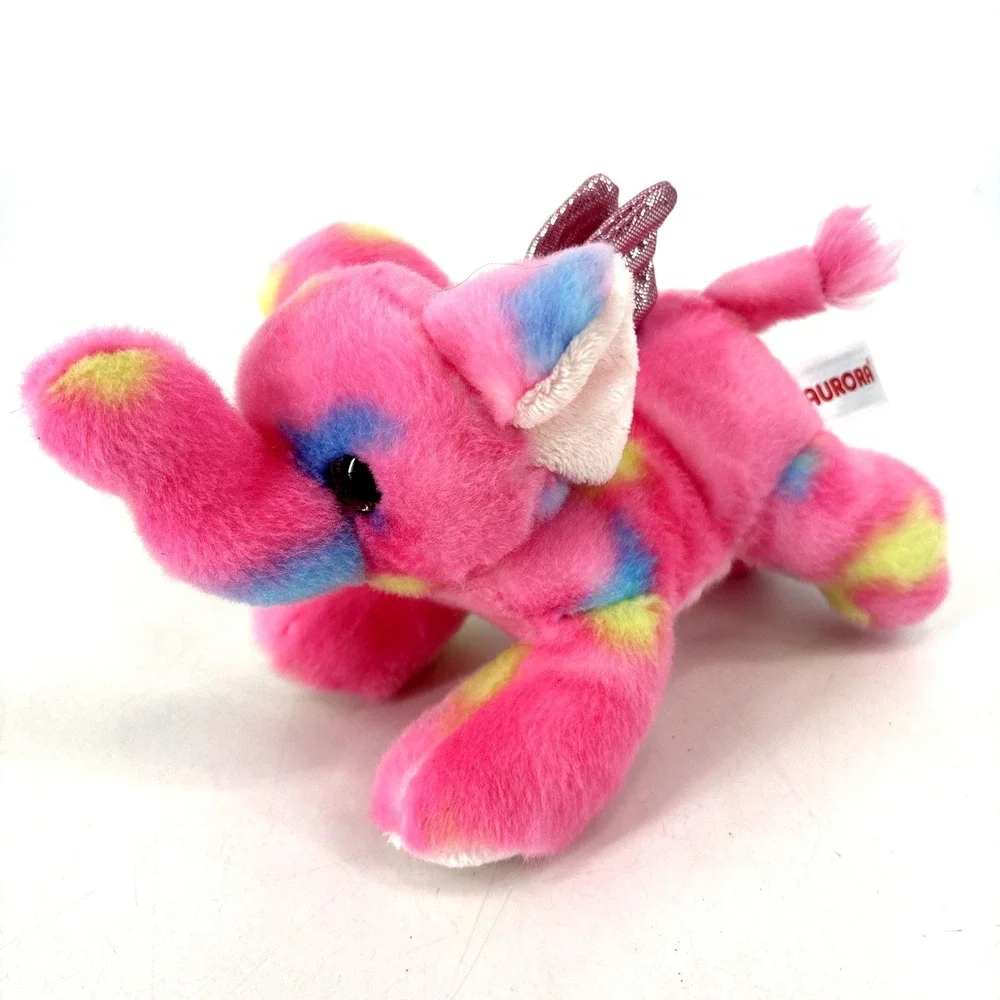 Aurora Vibrant Bright Fancies‎ Candyapple Elephant w/ Wings Pink Plush Tie Dye